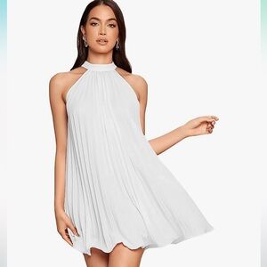 Tie Back Halter Dress Mini Swing Pleated A-line Loose Dress